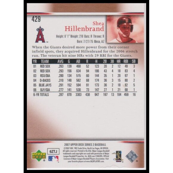 2007 Upper Deck #429a Shea Hillenbrand - Picture 2 of 2
